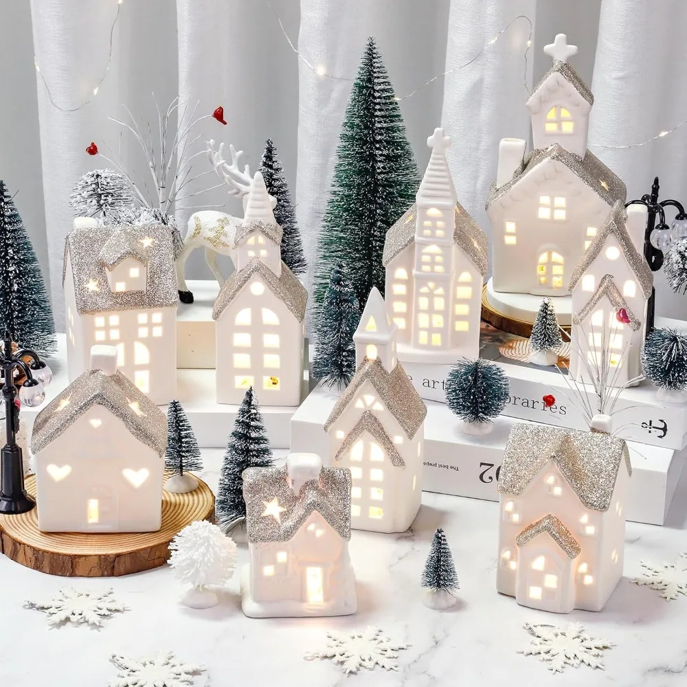 

28 Piece Ceramic Christmas Village Set, 9 White Christmas Houses, 17 Snow Trees, 2 Retro Christmas Decorations with Lights