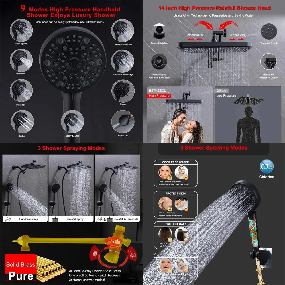 

14 High-Pressure Rainfall Shower Combo with 9-Setting Filtered Handheld, 70 Hose, Matte Black for Couples