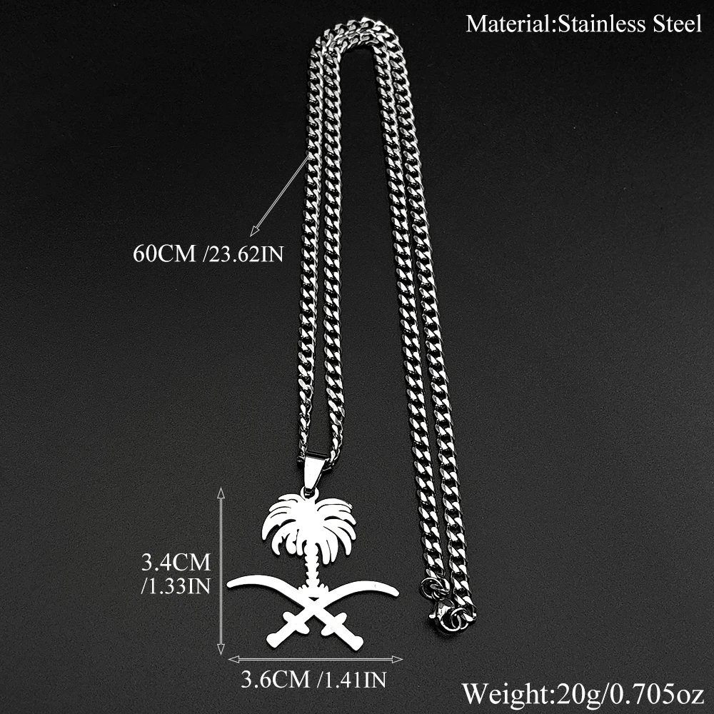 Saudi Arabia National Emblem Palm Tree Crossed Ali Sword Pendant Necklace Stainless Steel Gold Color Islamic Arab Chain Jewelry - view 6