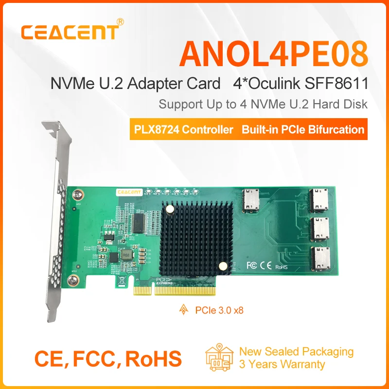 adaptador de armazenamento ceacent nvme com chip interruptor pcie bifurcacao oculink anol4pe08 pcie 30x8 port oculink sff8611 01