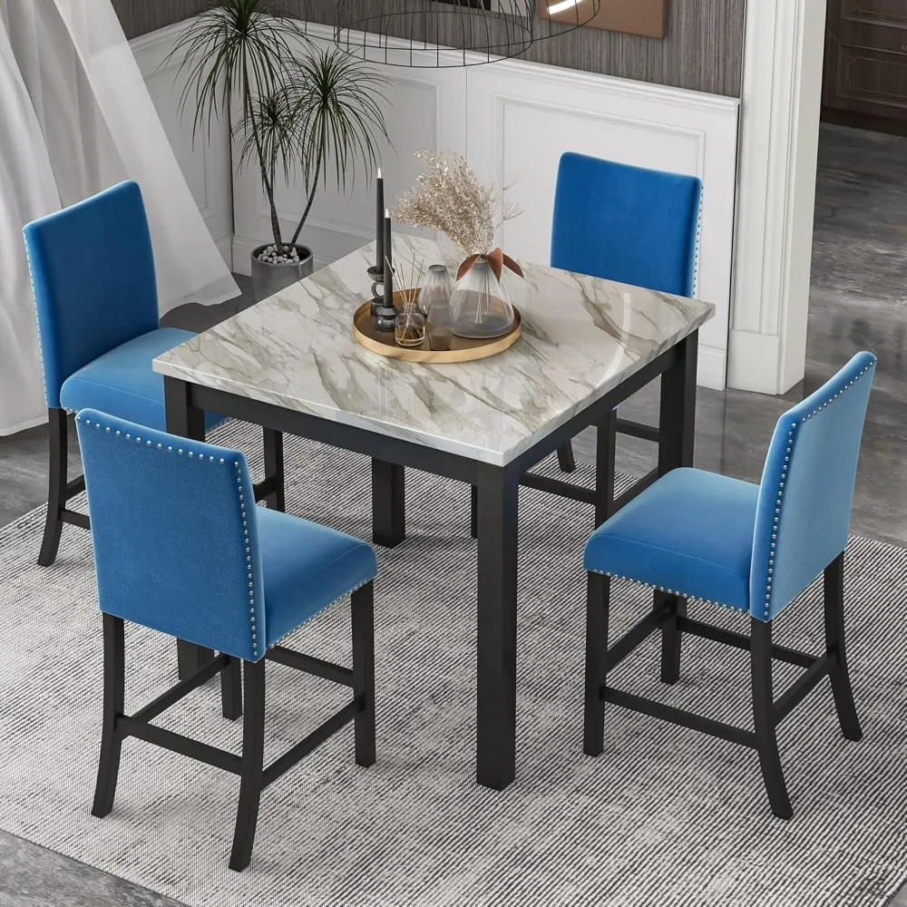 Dining Table Set for 4, Counter Height Dining Table Set with Faux Marble Dining Table and 4 Upholstered-Seat Chairs，5-PIECE Suit