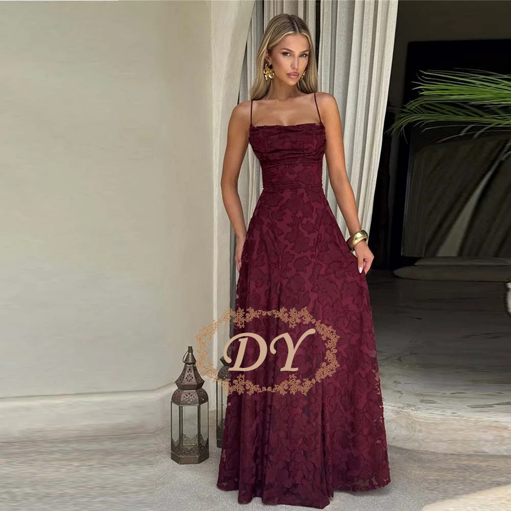 

DY Lace Up Flower Women's Dresses Spaghetti Strap Solid Sleeveless Pleasted Wrinkle Female Dress Big Tail Elegant Party Dresses