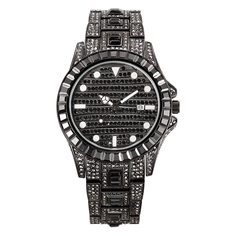 Hip Hop 3A+ CZ Stone Paved Bling Iced Out Stainless Steel Watch Date Quartz Wrist Waterproof Watches  for Men Rapper Jewelry
