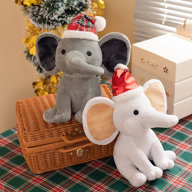 Éléphant de dessin animé câlin assis moelleux, chapeau de père Noël au beurre, jouets en peluche de Noël, décor de fête à la maison doux, cadeau mignon