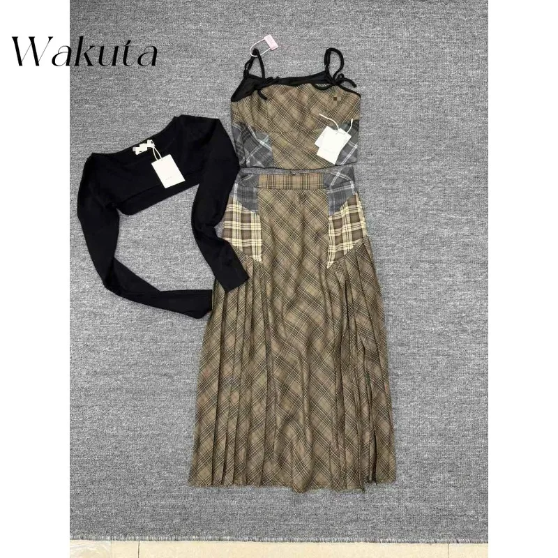 

WAKUTA Japanese Style Niche Design 25 Spring Black Cover Shirt Sweet Plaid Suspender Patchwork Skirt Retro Y2k 3 Piece Set スカート