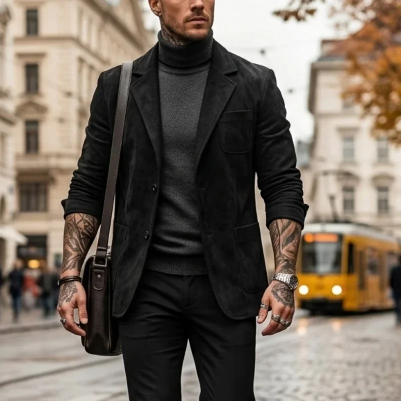 Neue Herbst/Winter Herren Leichte Wildlederjacke Business Casual Streetwear Pendler-Mantel Einfarbige Büro-zu-Straßen-Oberbekleidung für Männer – Detail 4