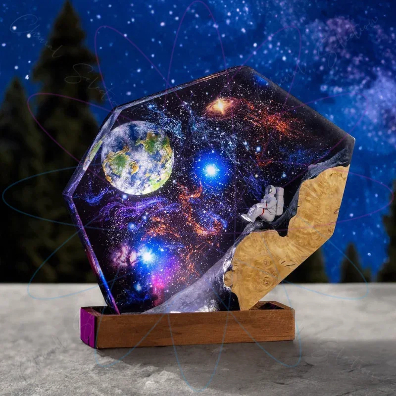 Interstellar Epoxy Light Space Galaxy Resin Wood Night Light Astronaut Resin Wood Art Spacecraft Night Light Ornament