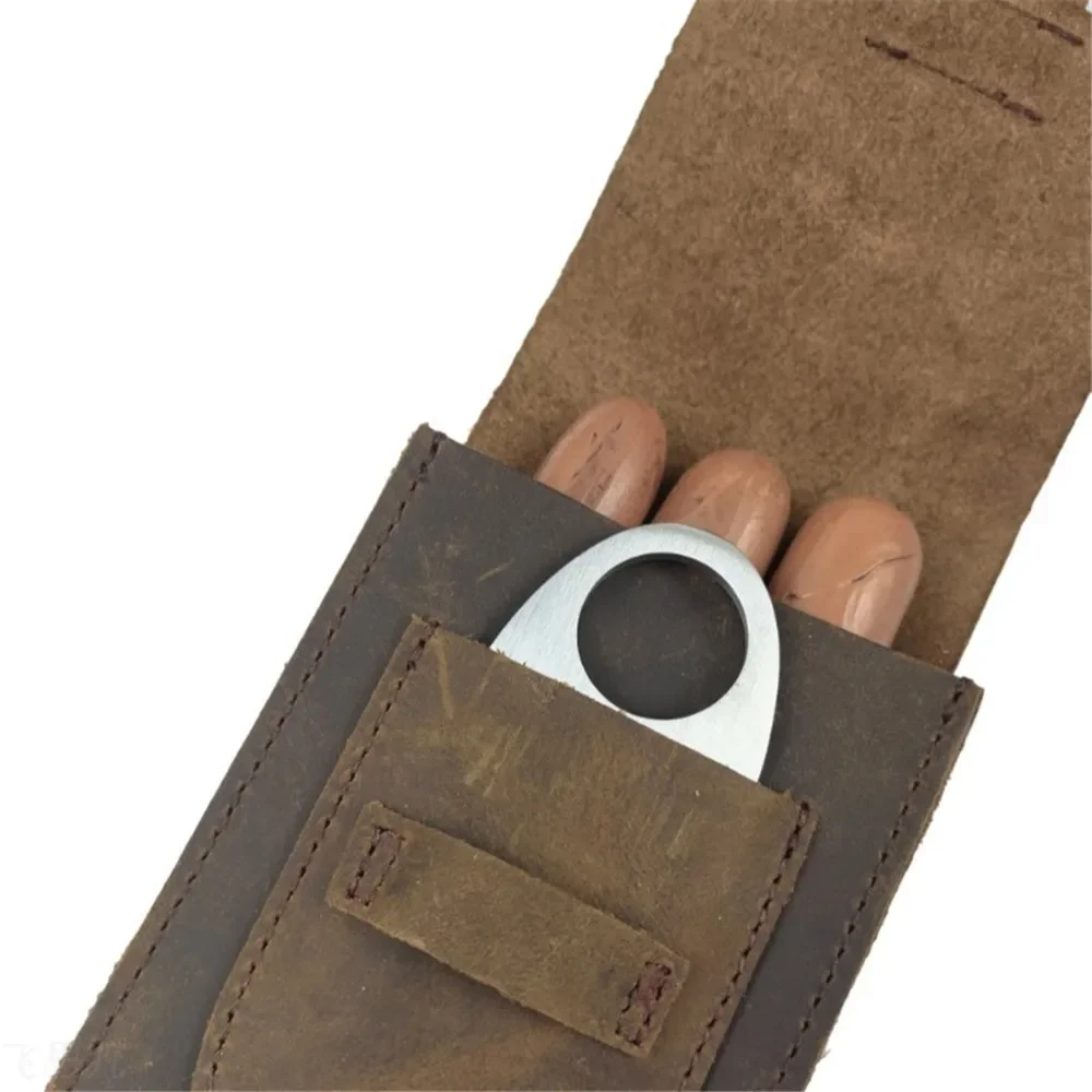Portable Genuine Leather Cigar Travel Case Storage with Matching Cigar Cutter Scissors Durable Smoking Pipe Accessory view 5