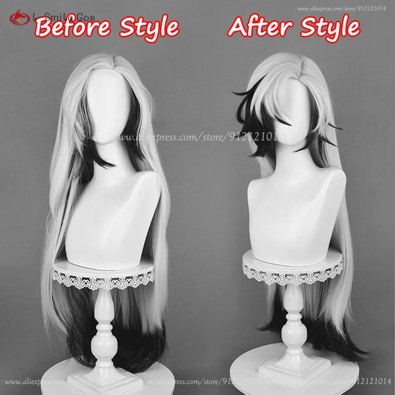 Boothill Cosplay Wig 92cm Long Slive White Black Hair Boothill Cosplay Ear Heat Resistant Synthetic Wig Halloween Anime Wig