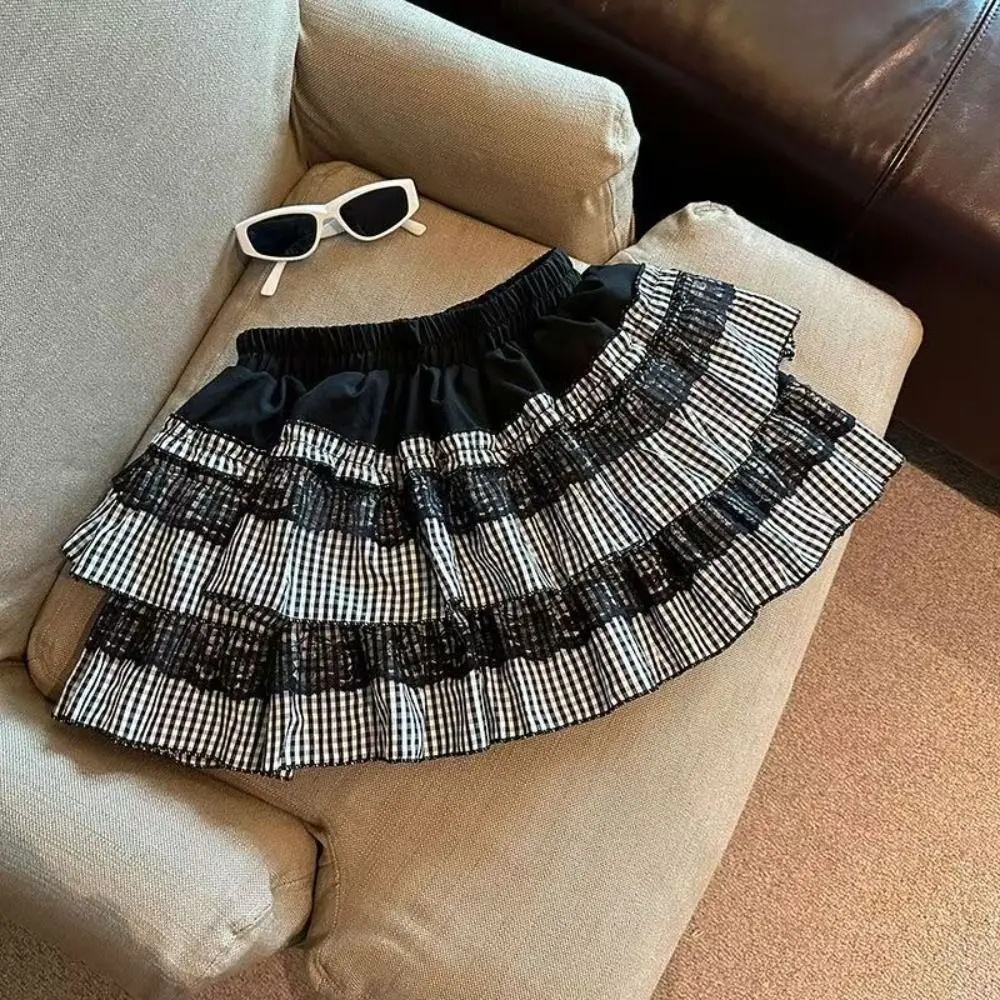 Falda de pastel de rejilla de encaje Lolita, Falda corta a cuadros a rayas de cintura alta JK, minifaldas plisadas de encaje con volantes multicapa para mujer