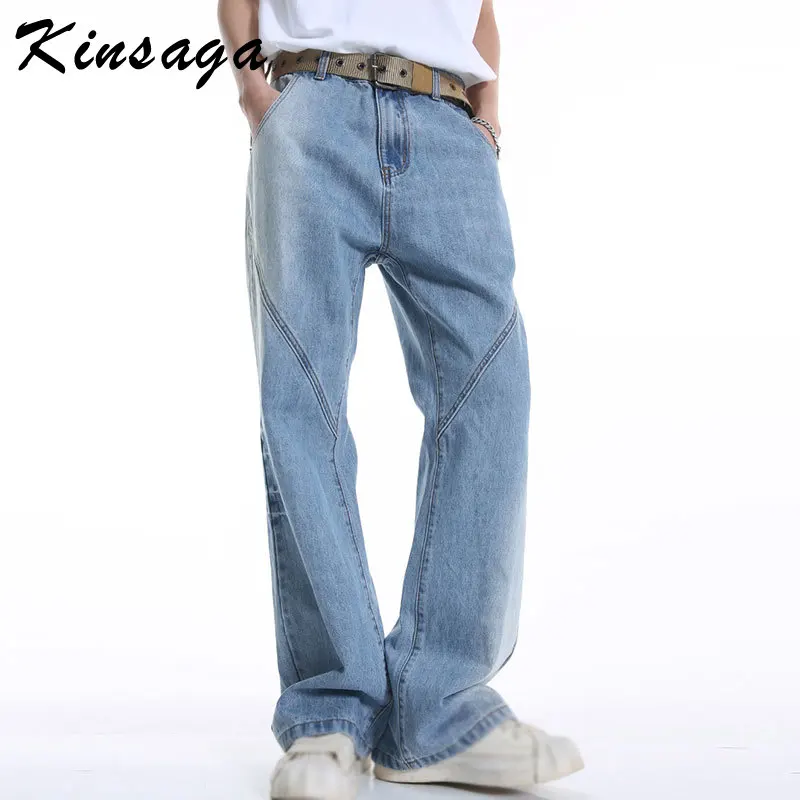 

Men Streetwear Gradient Color Denim Boot Cut Jeans American Trendy TRAF Design Pintuck Cleanfit Trousers Stiching Striped Pants