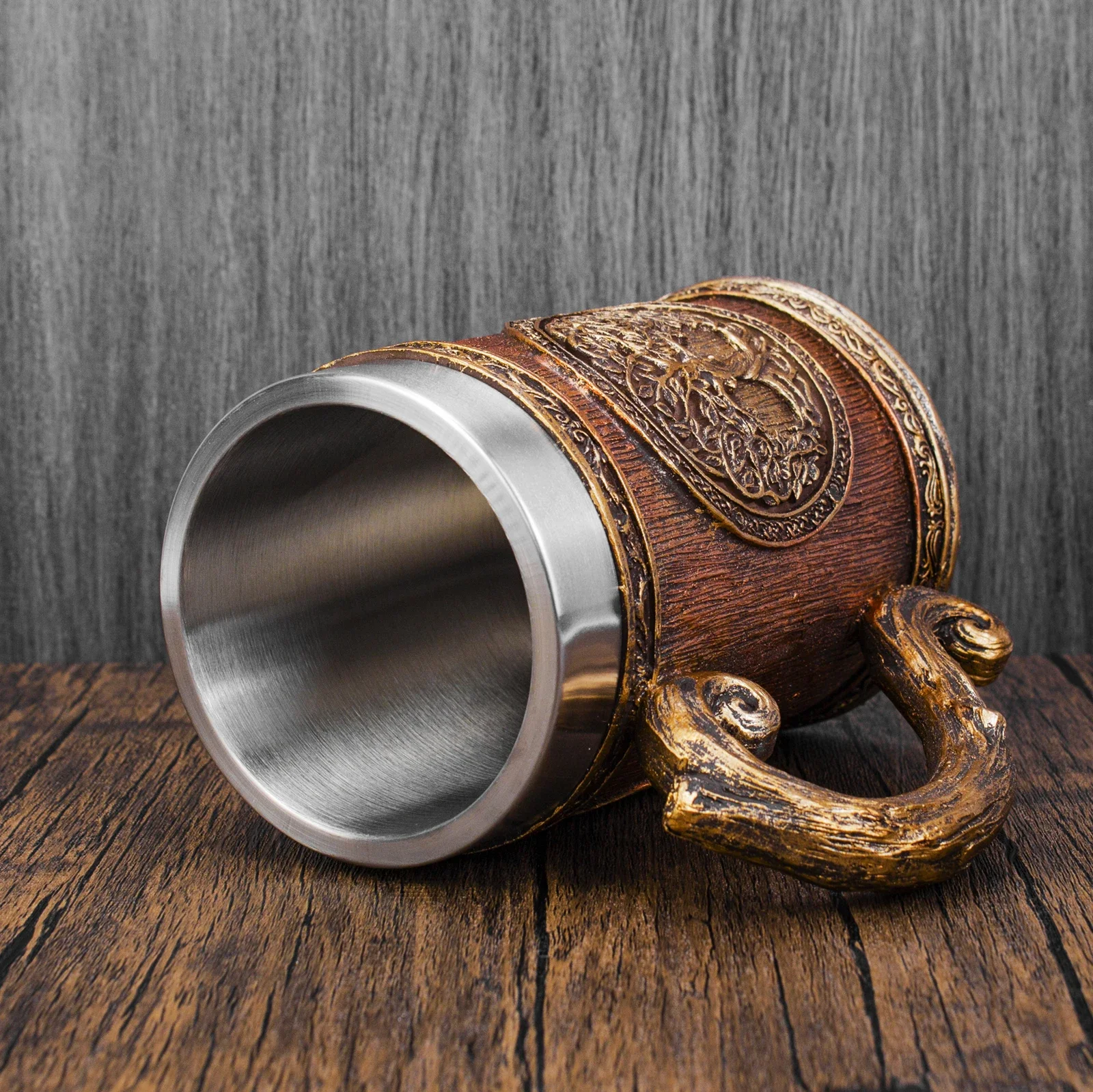 Tasse Viking arbre de vie nordique, tasse à bière en résine et acier inoxydable, arbre celtique, cadeau d'halloween, Imitation de bois rétro médiéval, 600ml