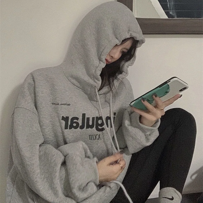 2024 Letter Print Hoodies Women Vintage Winter Fleece Lined Loose Hooded Shirt Grunge Sweatshirt Y2k Clothes Oversized Pullovers