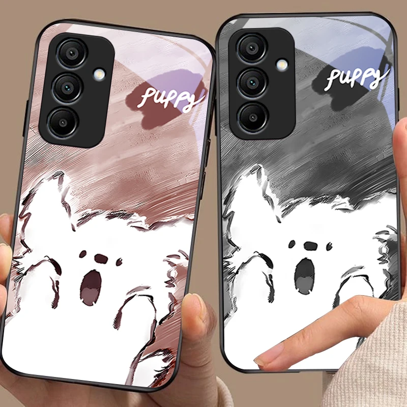 Surprised little dog For Samsung Galaxy A15 5G 54 4G 51 50 24 35 90 71 12 51 53 52S 80 22 34 Black tempered glass phone case