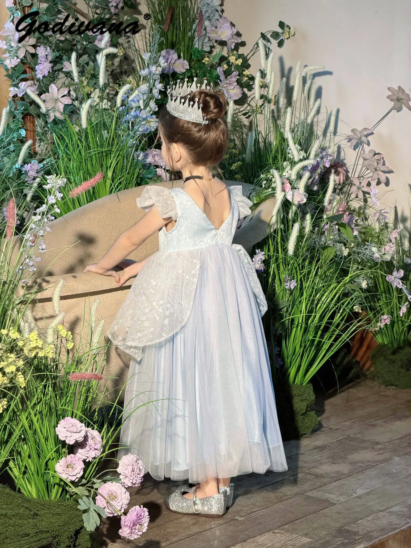 Sweet Baby Girls High End Heavy White Mesh Princess Dress Kids Fashion Feifei Sleeve Tulle Sequin Long Gown Birthday Party Dress