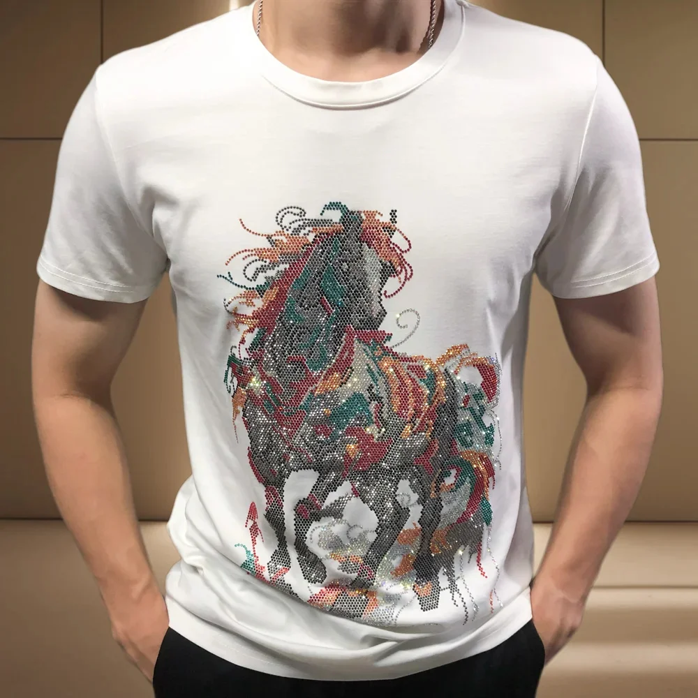 Brand Leisure Top Tshirt For Men Summer Colour Horse Hot Drill Short Sleeve T-shirt Men's Social Club Outfits Tee Shirt Homme