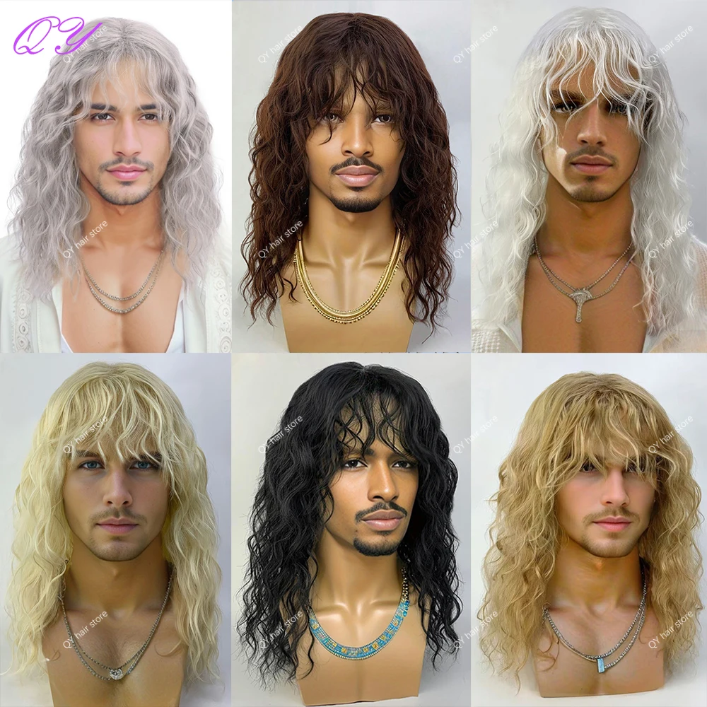 Synthetic Men\'s Wig Long Brown Natural Curly Rock Man Wig With Bangs Party Or Cosplay Adjustable Water Wave Male Hair Wig