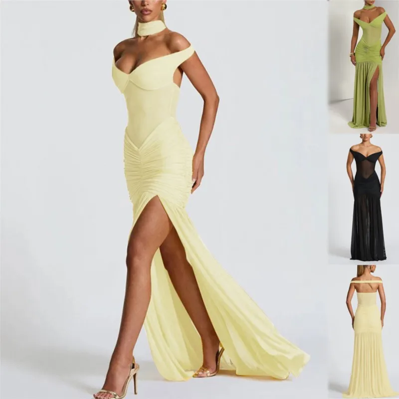

Sexy Backless Long Dress Summer Solid Color Mesh Off Shoulder Strapless Backless Dress Slim Side Slits Bodycon Fashionable Dress