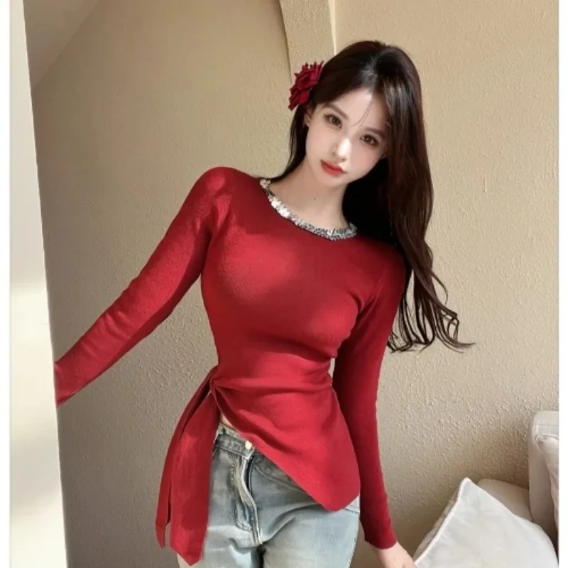 

Womens Red Embellished Neck Side Tie Knit Top Long Sleeve Slim Fit Blouse