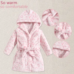 Baby Girls Leopard Print Plush Hooded Robe Soft Fleece Skin-friendly Bathrobe For Babies And Toddlers, Thickened Easy Wear Four-