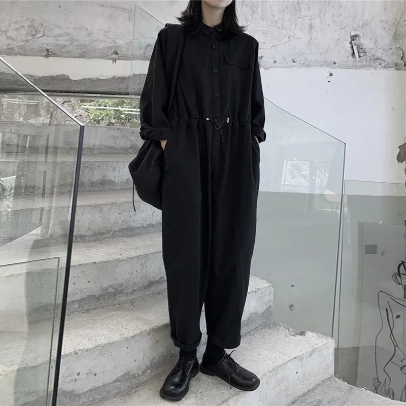 Johnature New Women Jumpsuit Casual Workwear Retro Loose Fit Spring Summer Fashion Elastic Waist Bodysuits