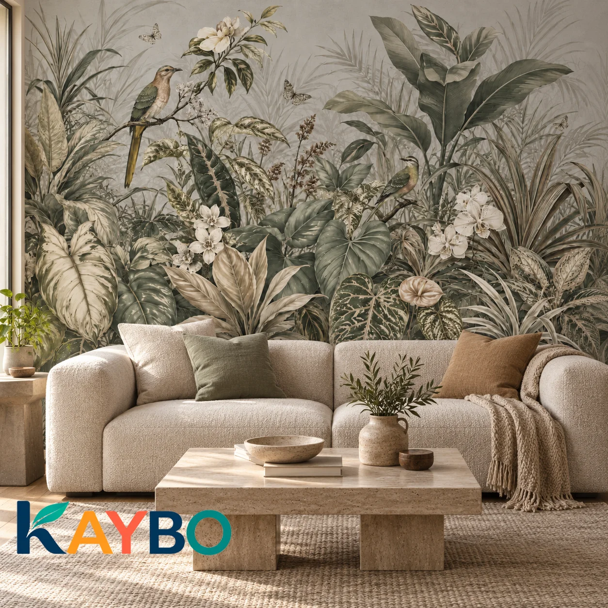 Tropical Jungle Wall Mural Retro Botanical Birds Wallpaper Neutral Green Leaves Living Room Bedroom Non Self Adhesive Home Decor