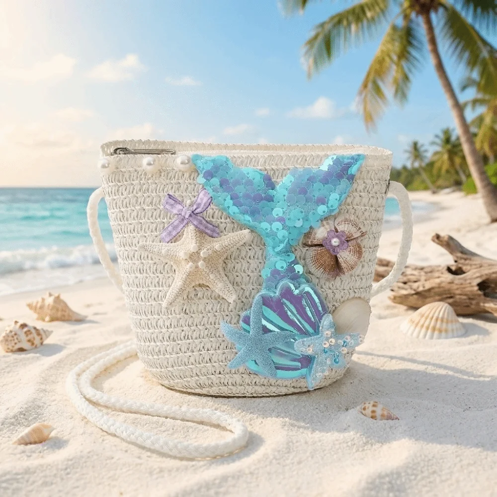 Fashionable Match Straw Woven Mermaid Crossbody Bag Breathable Lightweight Slant Cross Bag Sequins Durable Beach Bag Summer