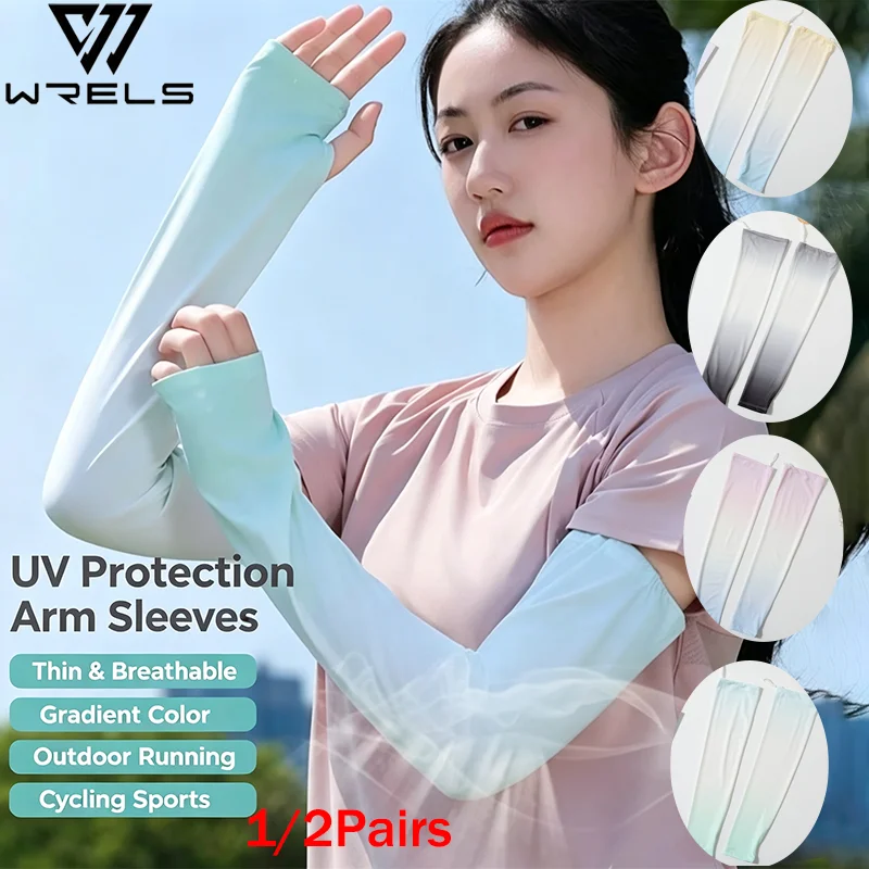 1/2Pairs Fashion Outdoor Arm Cover Pulling Rope UV Protection Cycling Arm Cover Breathable Gradient Color Running Arm Sleeves
