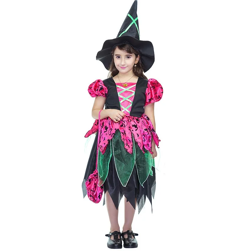 Hot Sale Pretty Witch Cosplay Costume flower Witch Dress Halloween Kid with Accessories