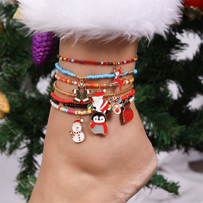 5/10Pcs Random Fashion Handmade Beads Anklets for Women Christams Tree Snowman Santa Claus Anklets Bracelets Girls Jewelry Gifts