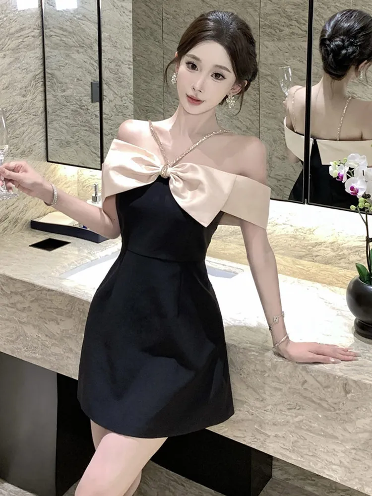 Off shoulder birthday party dress small fragrant style sexy temperament slim fit bow color blocking A-line short skirt