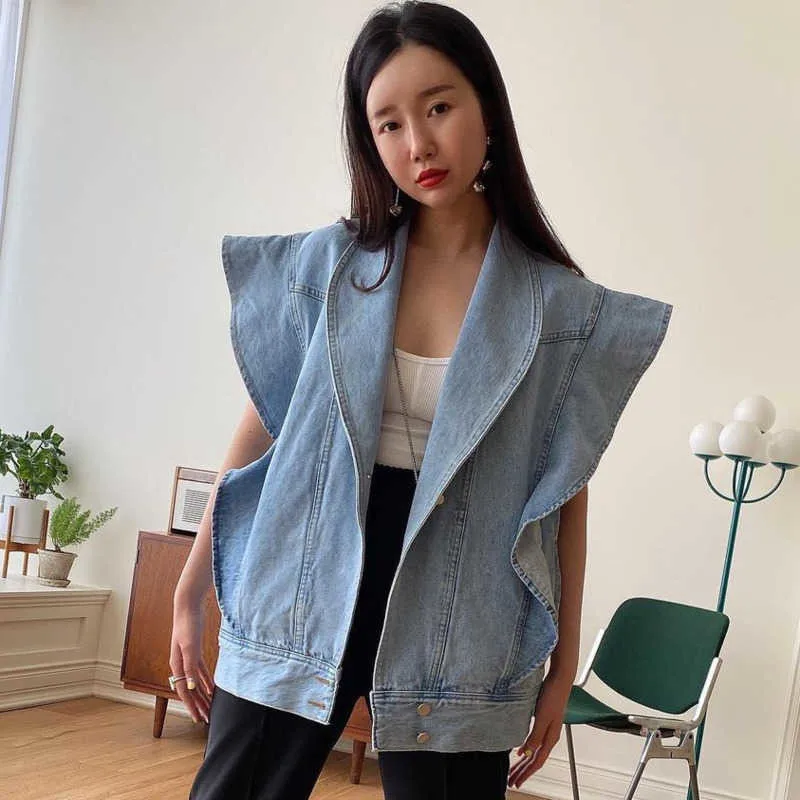 

Korea Chic Summer Casual Lapel Ruffled Loose Blue Sleeveless Vest Jacket Women 2023 Summer Blue Trendy Ladies Clothing