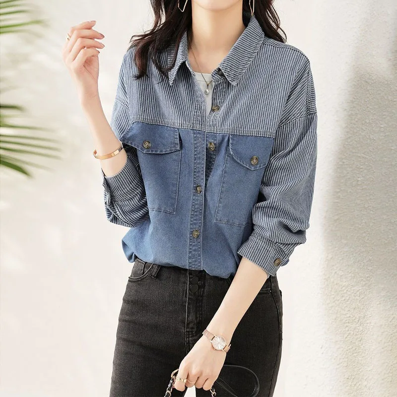 Denim Spliced Polo-Neck Casual Blouse Women Korean Commute Striped Single-breasted Loose Shirt Long Sleeve Female Clothing 2024