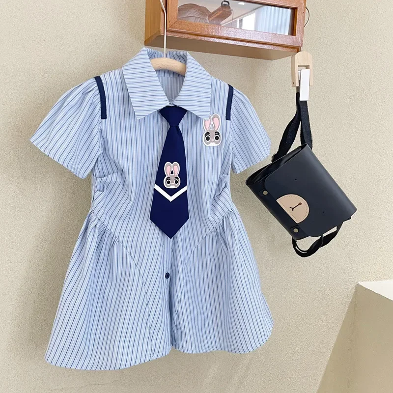 

2024 Summer Academy Style Design Stripe Lined Dress with Tie Cartoon Rabbit Casual Children's Wear 3-10Y Girls' Dress Clothes