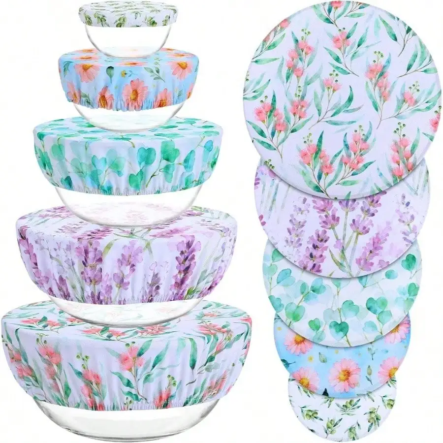 

5 Pieces Bowl Covers Reusable, 5 Size Elastic Cloth Bowl Covers Bread Proofing Stretch Food Covers Washable Food Fruits Leftover Pink Floral Eucalyptus Leaves