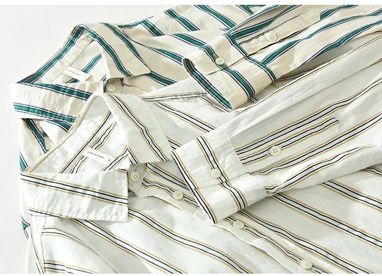 

Мужская рубашка в корейском стиле, в полоску, с длинным рукавом, весна-лето, повседневная, с отложным воротником, карманом, из чистого хлопка, свободного кроя