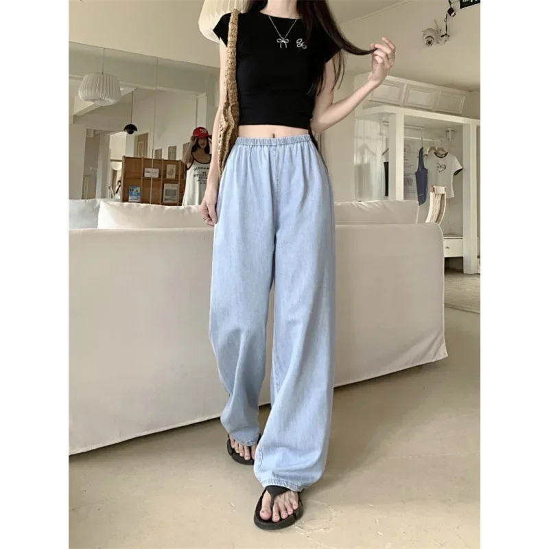 Korean Style High Waist Wide Leg Thin Ice Silk Jeans Women Summer Loose Fit Large Size Straight Pants Streetwear Women Y2k