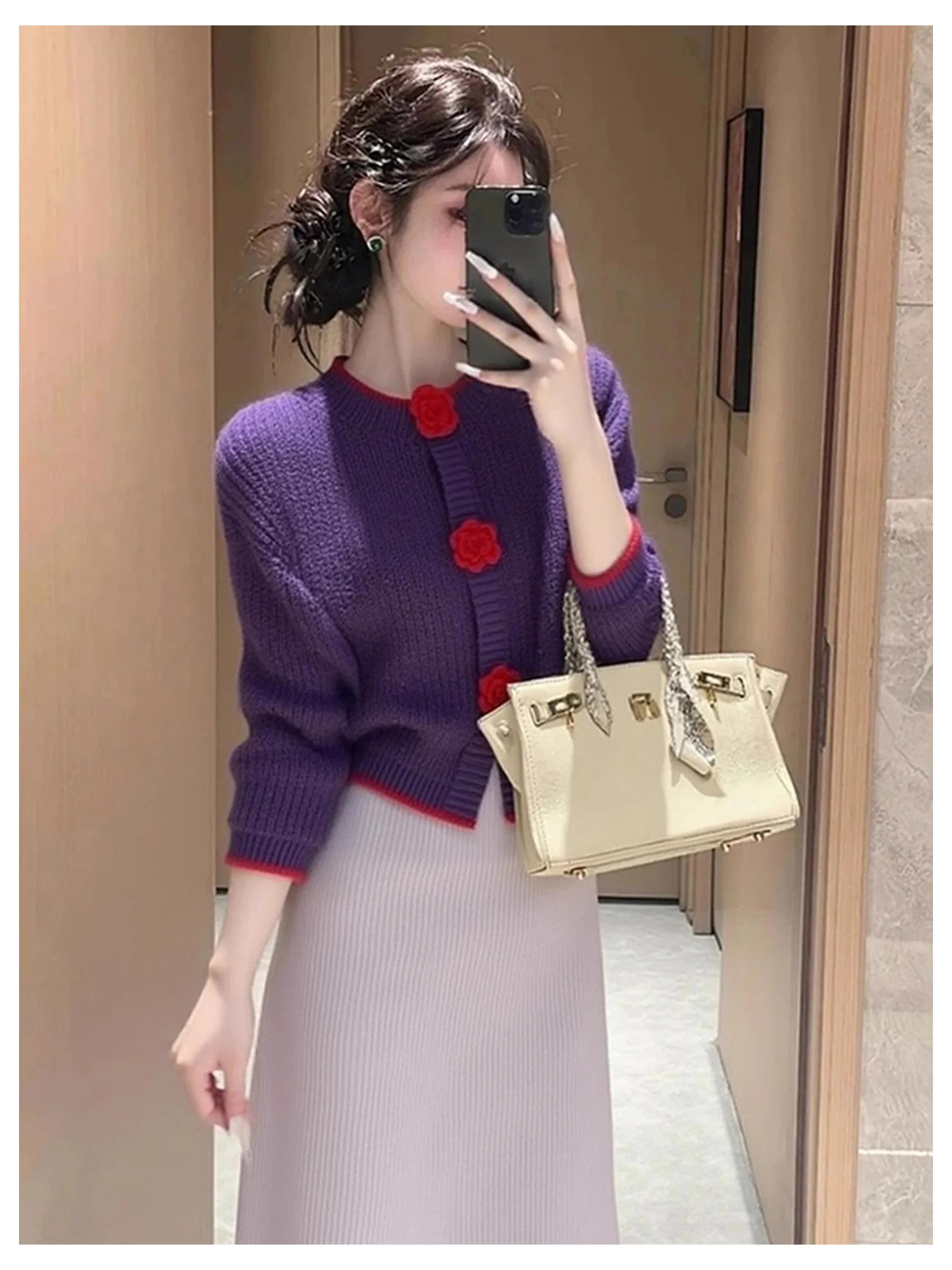 

Фиолетовый свитерный комплект Ele, зима 2025, омолаживающий, модный, повседневный, длинный, вязаный, для взрослых