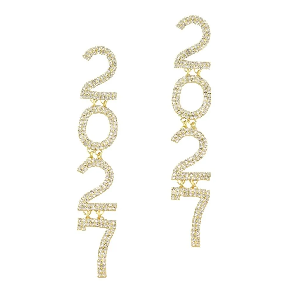 Trendy Jewelry Elegant 2027 Digital Earrings Rhinestone Love Heart Happy New Year Earrings Long Drop Shiny Stud Earrings Daily