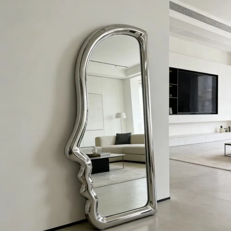 Modern Sculptural Human Face Floor Mirror Polished Stainless Steel Art Mirror Luxury Statement Decor for Bedroom Clothing Store