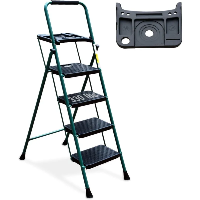 4 Step Ladder with Handrails, Folding Step Stool Portable Steel Ladder for Adults for Home Kitchen Library Office, Green