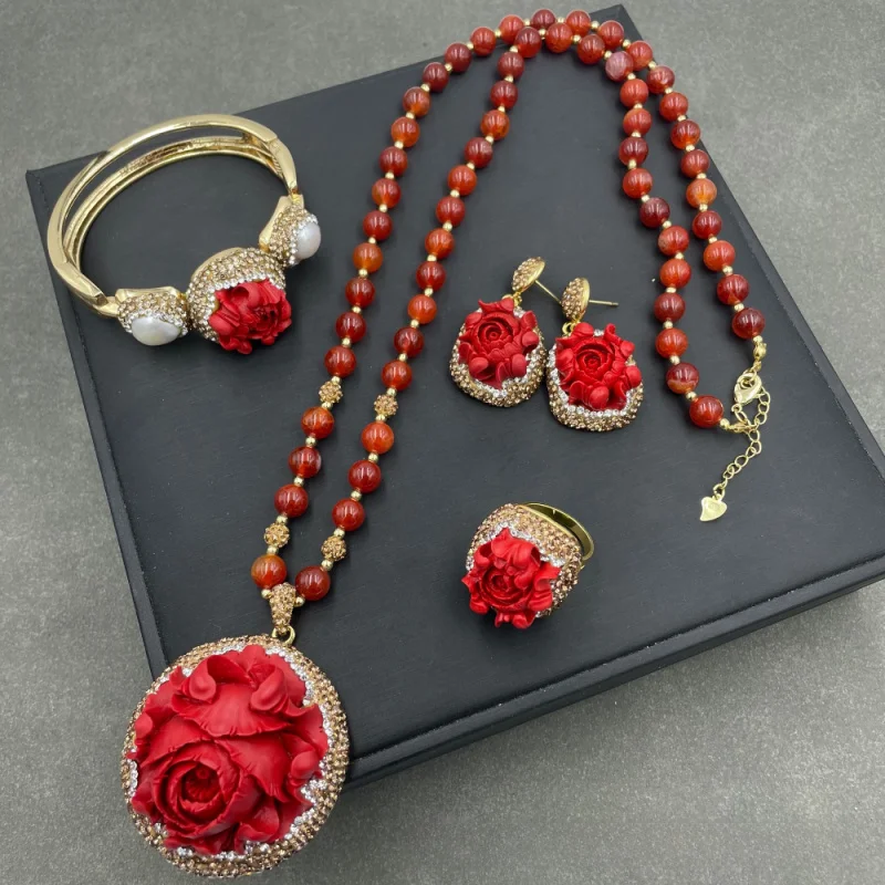 

European And American Luxury Brand Cinnabar Flower Women'S Sweater Chain Jewelry Set, Luxurious Noble Wedding Accessories