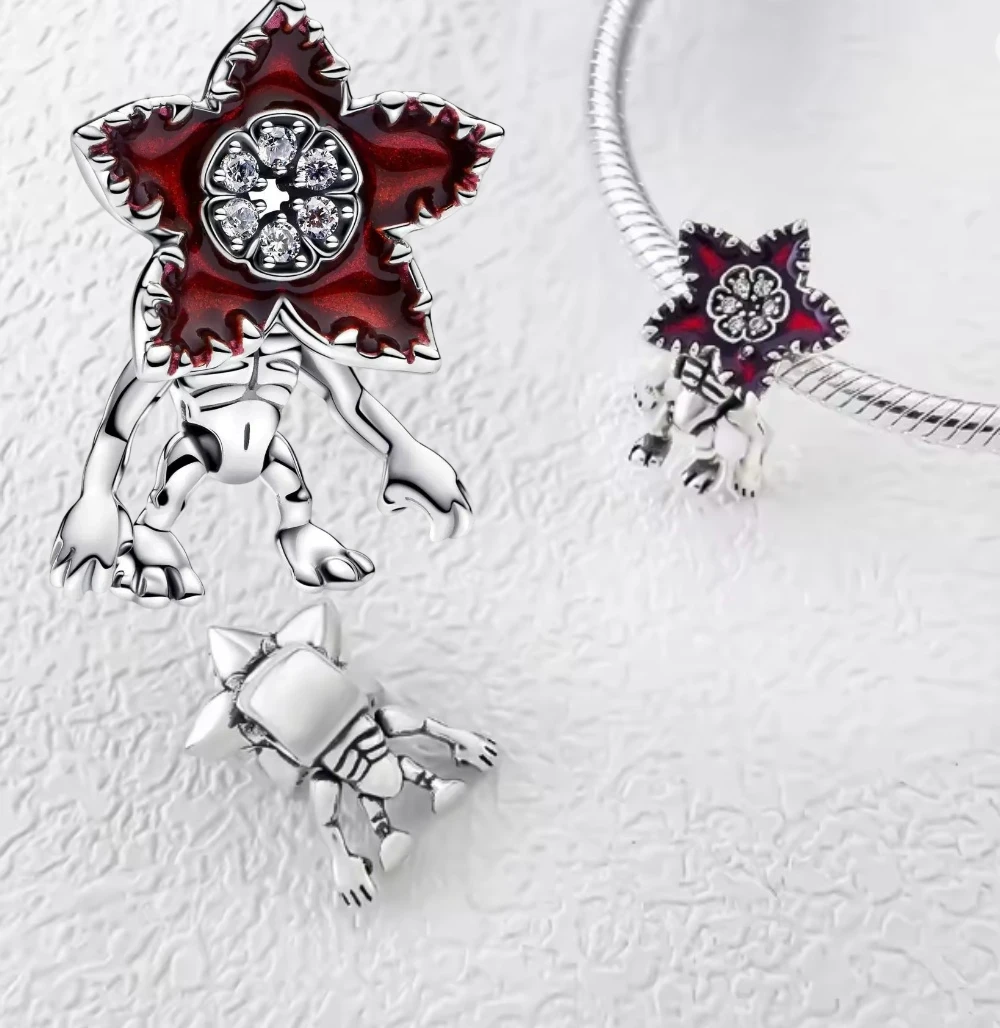 Pulsera con Dije de Flor Monstruo Roja, Plata 925, Ajustable, Hipoalergénica, Joyería DIY de Moda 2026
