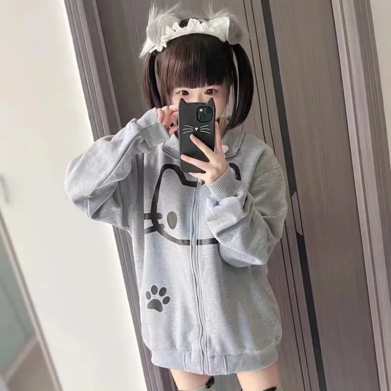 Cat Print Zipper Long Sleeve Stand Collar Women Loose Preppy Style Y2k Gray Japanese Sweatshirts Kawaii Sweet Sudadera Mujer