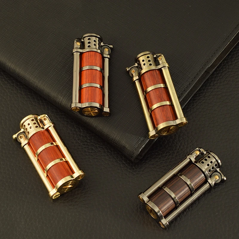 Creative Metal With Rose Wood Fuel Kerosene Cigarette Lighter Luxury Grinding Wheel Metal lighter Cap ejection Smoking Lighter