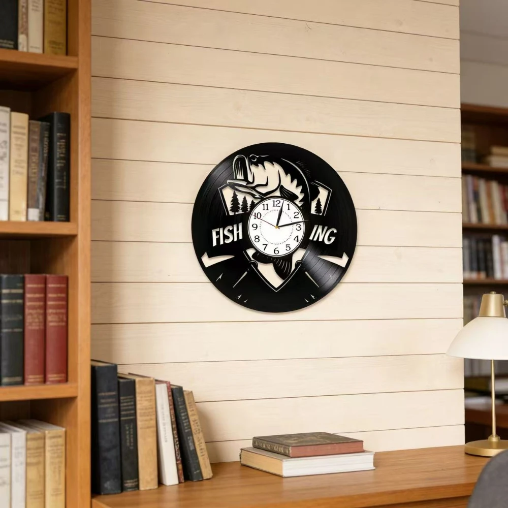 Fishing Vinyl Clock 12 Inch for Boyfriend Fishing Gift Idea for Him Hobby Original Home Decor Fishing Vinyl Record Wall Clock