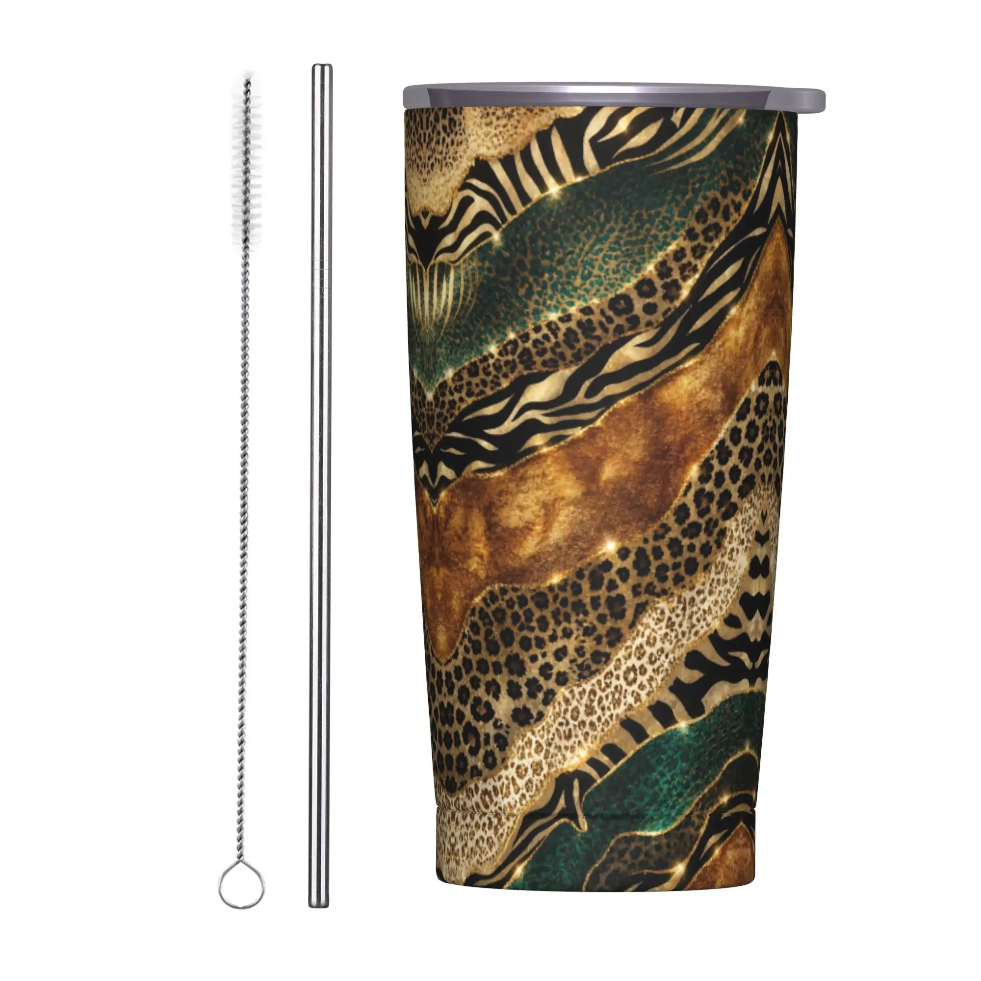Leopard Patchwork Spliced Tumbler Vacuum Insulated  Coffee Cups Stainless Steel Outdoor Mugs Hot Cold Drink, 20oz