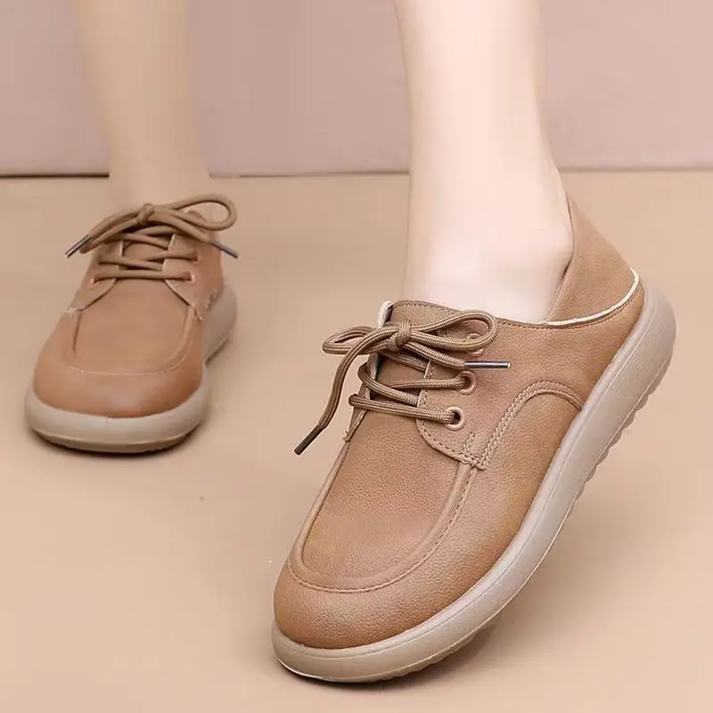 Women Leather Lace Up Flat sole Shoes Spring Autumn New Soft Sole Round Toe Non Slip Waterproof Work Shoes Commuter Shoes