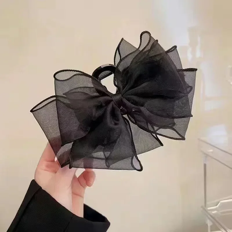 2024 New Women\'s Black Sand Fashionable and Sweet Bow Grab Clip Back Spoon Pan Hair Style Shark Clip Hair Card Accessories