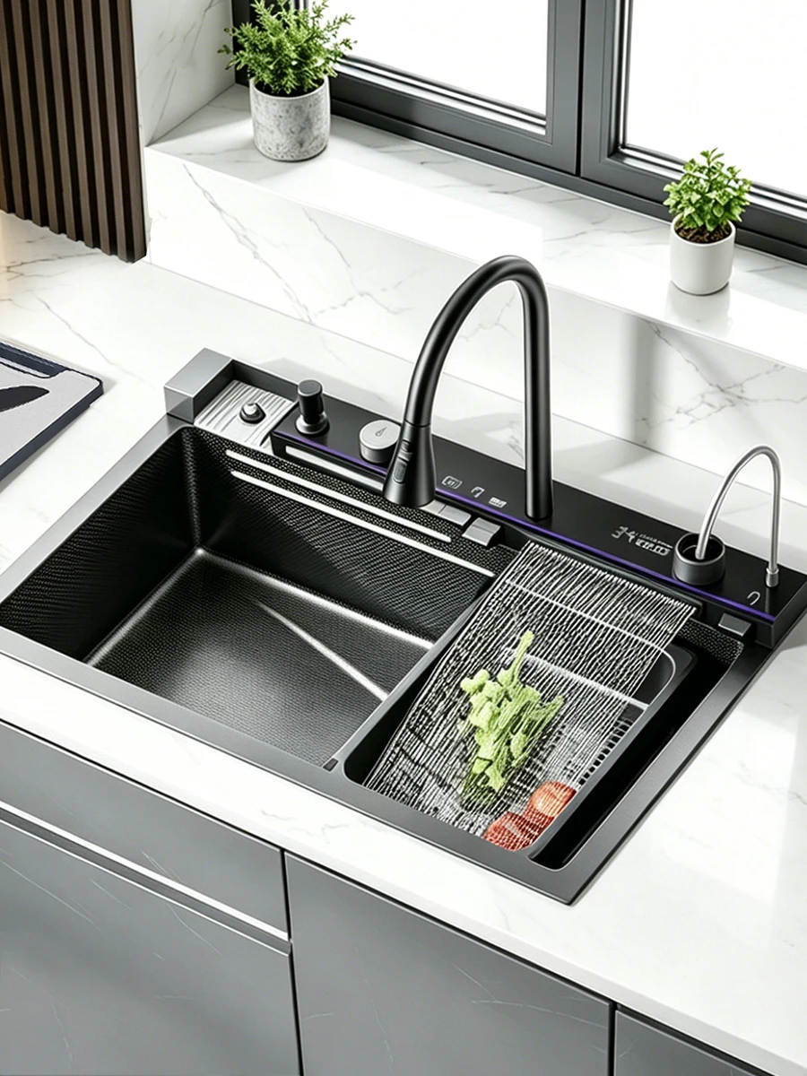Large 304 Kitchen Sinks 75x45cm Stainless Steel Kitchen Waterfall Sink Digital Display Large Single Sink Dish Washer Faucet